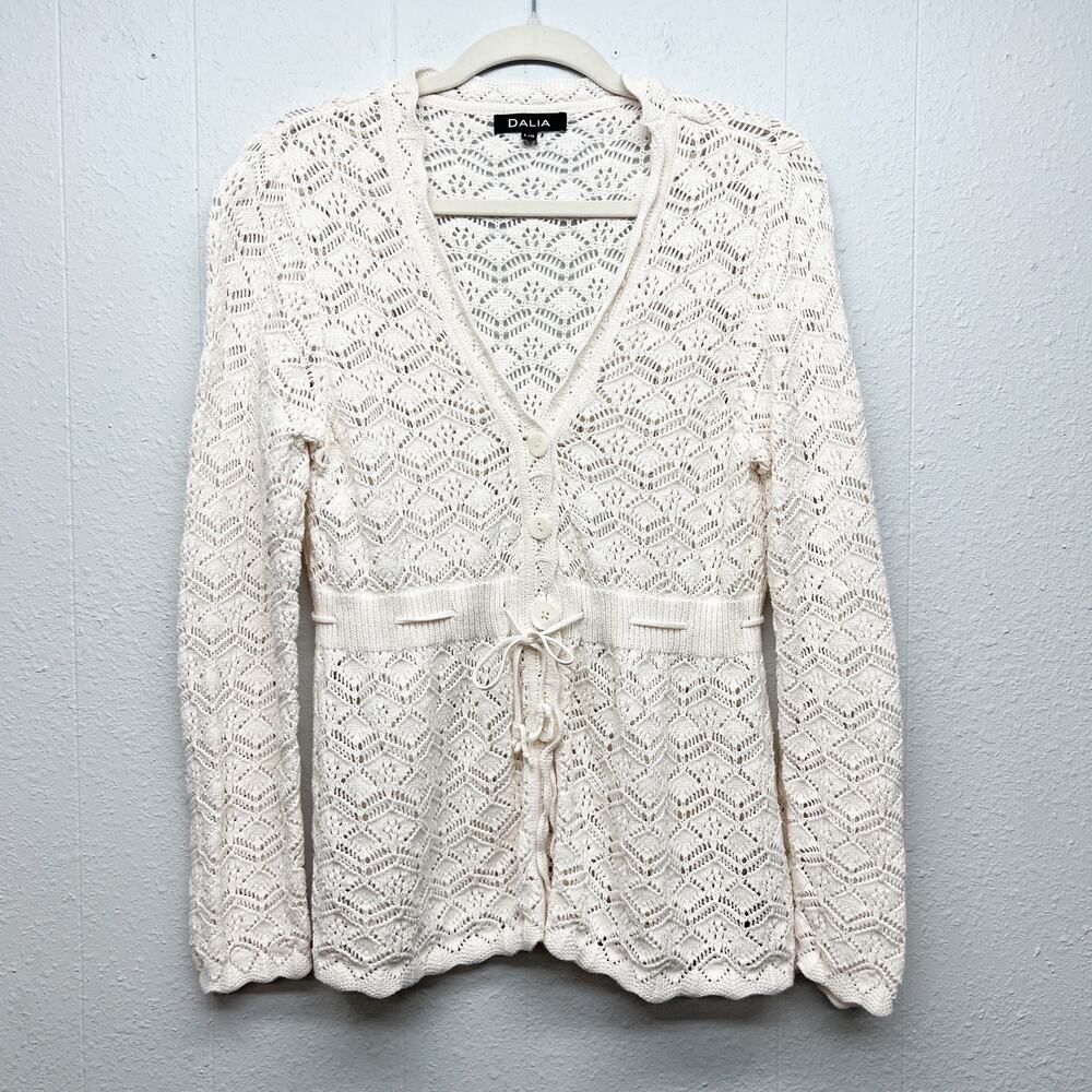 DALIA Pointelle Knit Tie Front Cotton Cardigan Sz Large Cottage Beachy Coastal